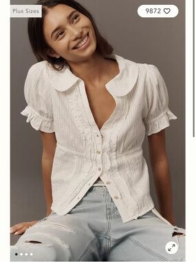 White Ruffled Button Front Top Peter Pan Collar PILCRO Keira Waist Tuxedo Blouse